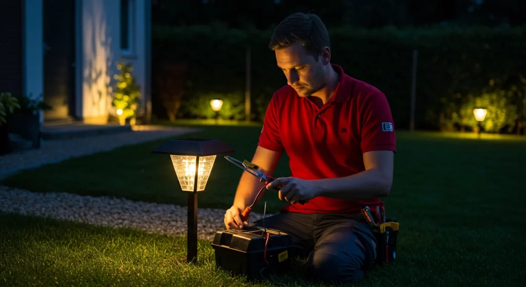Energy-efficient outdoor lights highlighting a beautiful garden pathway